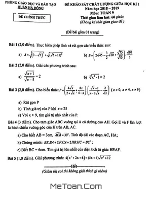 Đề khảo sát chất lượng giữa HK1 Toán 9 năm 2018 - 2019 phòng GD&ĐT Hà Đông - Hà Nội
