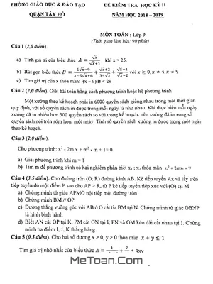 Đề thi HK2 Toán 9 năm 2018 - 2019 phòng GD&ĐT Tây Hồ - Hà Nội