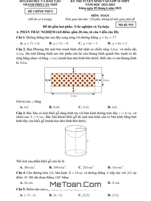 Đề thi tuyển sinh lớp 10 môn Toán năm 2023 - 2024 Sở GD&ĐT Cần Thơ