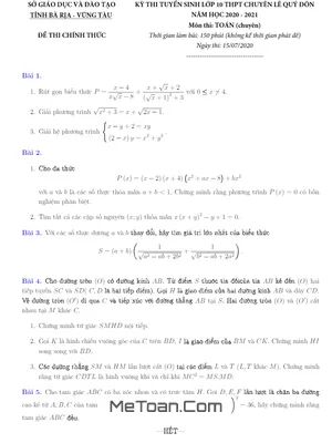 Đề Tuyển Sinh 10 Môn Toán Năm 2020 - 2021 Trường Chuyên Lê Quý Đôn - BR VT
