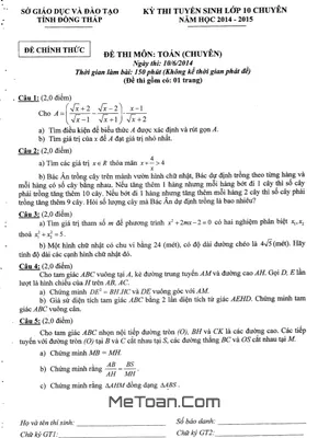 Đề Thi Vào Lớp 10 Chuyên Toán Đồng Tháp Năm 2014 - 2015 - Có Đáp Án