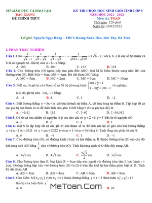 Đề thi HSG cấp tỉnh Toán 9 năm 2021 - 2022 Sở GD&ĐT Bắc Giang