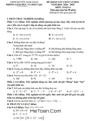 Đề khảo sát chất lượng Toán 6 năm 2024 - 2025 phòng GD&ĐT Nam Sách - Hải Dương