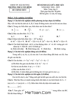 Đề Thi Giữa Học Kì 1 Toán 8 Năm 2024 - 2025 Trường THCS Tân Bình - Hải Dương