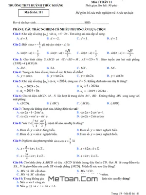 Đề giữa học kỳ 1 Toán 11 năm 2024 - 2025 trường THPT Huỳnh Thúc Kháng - Nghệ An