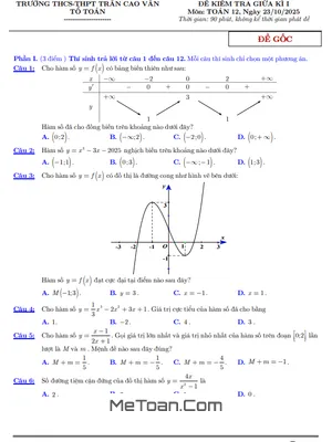 Đề thi giữa kì 1 Toán 12 năm 2025 - 2026 trường THPT Trần Cao Vân, TP.HCM (Có Đáp Án Chi Tiết)