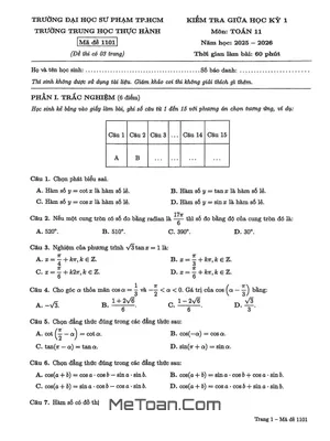 Đề Kiểm Tra Giữa Học Kỳ 1 Môn Toán Lớp 11 Năm Học 2025 - 2026 Trường TH Thực Hành ĐHSP TP.HCM