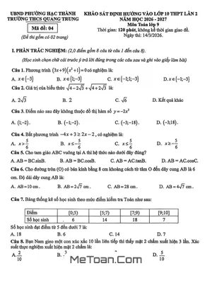 Đề Khảo Sát Toán Lớp 10 Lần 2 Năm 2026 – 2027 THCS Quang Trung, Thanh Hóa