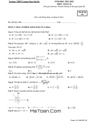 Đề thi HK1 Toán 10 năm 2021 - 2022 trường THPT Lương Ngọc Quyến - Thái Nguyên