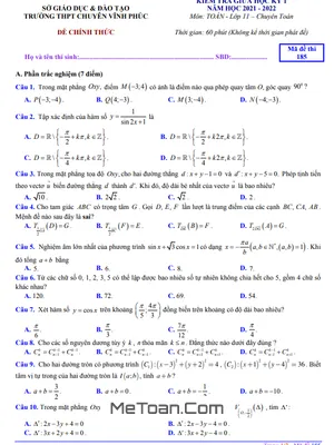 Đề kiểm tra giữa học kì 1 Toán 11 (chuyên) năm 2021 - 2022 trường THPT chuyên Vĩnh Phúc