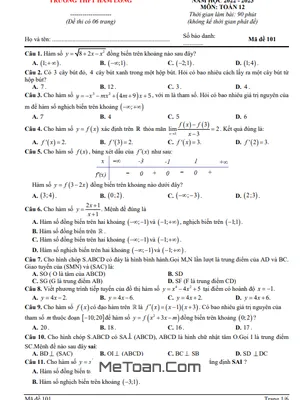 Đề kiểm tra KSCL Toán 12 đầu năm 2022 – 2023 trường THPT Hàm Long – Bắc Ninh