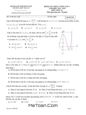 Đề khảo sát chất lượng Toán 12 năm 2018 - 2019 trường THPT Yên Mỹ - Hưng Yên lần 1