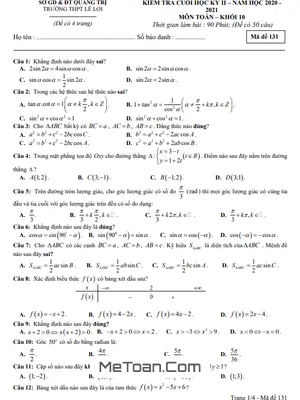 Đề thi cuối kỳ 2 Toán 10 năm 2020 - 2021 trường THPT Lê Lợi - Quảng Trị