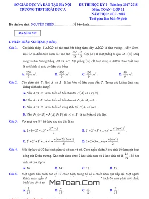 Đề thi HK1 Toán 11 năm học 2017 - 2018 trường THPT Hoài Đức A - Hà Nội