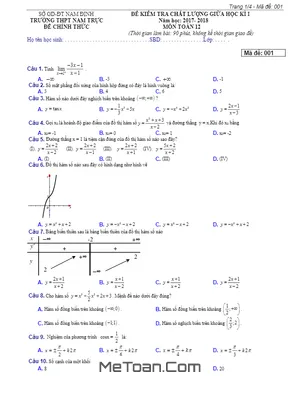 Đề kiểm tra chất lượng giữa HK1 Toán 12 năm 2017-2018 trường THPT Nam Trực - Nam Định (có đáp án)