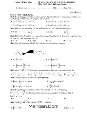 Đề thi học kì 2 Toán 12 năm 2019 - 2020 trường THPT Bà Điểm - TP HCM có lời giải