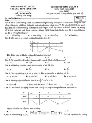 Đề thi thử THPT QG 2023 môn Toán lần 1 trường THPT Kinh Môn – Hải Dương