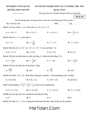 Đề Thi Thử Toán Tốt Nghiệp THPT 2021 Lần 3 Trường THPT Chuyên Tuyên Quang