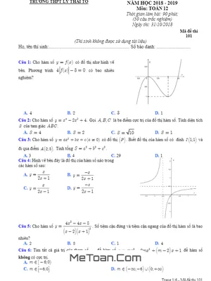 Đề Thi Thử Toán THPT Quốc Gia 2019 Trường THPT Lý Thái Tổ - Bắc Ninh Lần 1