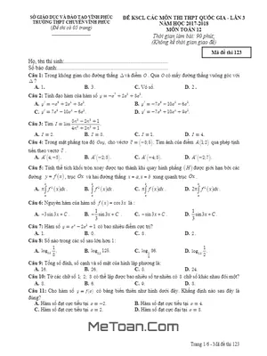Đề KSCL môn Toán thi THPT Quốc gia 2018 trường chuyên Vĩnh Phúc lần 3 (có đáp án)