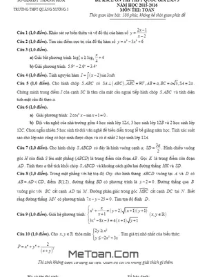 Đề thi thử THPT Quốc gia 2016 môn Toán trường Quảng Xương 3 – Thanh Hóa lần 3 có đáp án