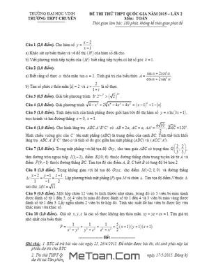 Đề thi thử THPT Quốc gia 2015 môn Toán trường chuyên Đại học Vinh - Lần 2