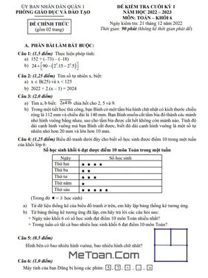 Đề kiểm tra cuối kỳ 1 Toán lớp 6 năm 2022 - 2023 phòng GD&ĐT Quận 1 - TP HCM