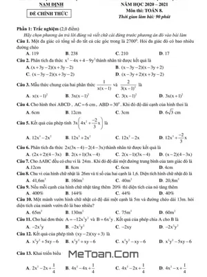 Đề thi học kì 1 Toán 8 năm học 2020 - 2021 Sở GD&ĐT Nam Định