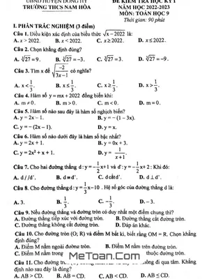 Đề thi học kỳ 1 Toán 9 năm 2022 - 2023 trường THCS Nam Hòa - Thái Nguyên
