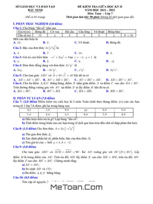 Đề kiểm tra giữa kỳ 2 Toán 7 năm 2021 - 2022 Sở GD&ĐT Bắc Ninh