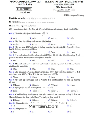 Đề thi học kỳ 2 Toán 8 năm 2022 - 2023 phòng GD&ĐT Ý Yên - Nam Định