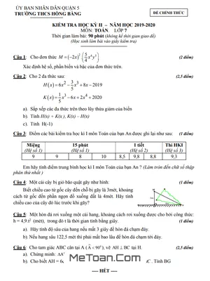 Đề thi HK2 Toán 7 năm 2019 - 2020 trường THCS Hồng Bàng - TP HCM (Có đáp án)