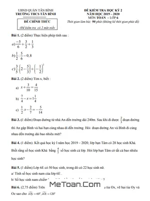 Đề thi học kì 2 Toán lớp 6 năm 2019 - 2020 trường THCS Tân Bình - TP.HCM