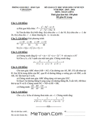 Đề thi Giao lưu HSG Toán 8 Huyện Cẩm Giàng - Hải Dương Năm học 2015 - 2016
