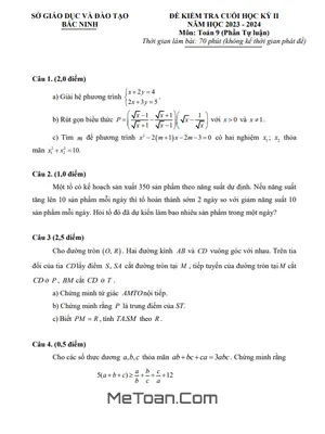 Đề thi Toán 9 học kì 2 năm 2023 - 2024 sở GD&ĐT Bắc Ninh (có đáp án)