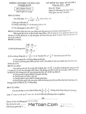 Đề thi học kỳ 2 Toán 9 năm 2017 - 2018 phòng GD&ĐT Thanh Xuân - Hà Nội