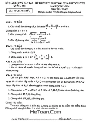 Đề thi Tuyển sinh Lớp 10 Chuyên Toán Quảng Trị Năm 2023 - 2024