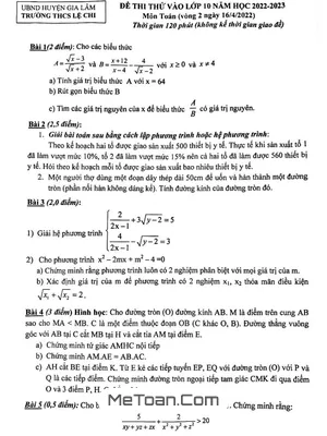 Đề thi thử vào lớp 10 môn Toán năm 2022 - 2023 trường THCS Lệ Chi - Hà Nội
