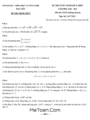 Đề Thi Tuyển Sinh Lớp 10 Môn Toán Năm 2020 - 2021 Sở GD&KHCN Bạc Liêu