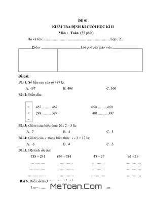 Bộ 6 Đề Thi Cuối Học Kì 2 Môn Toán Lớp 2