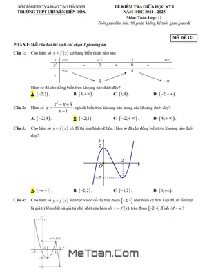 Đề Thi Giữa Kỳ 1 Toán 12 Năm 2024 - 2025 Trường Chuyên Biên Hòa - Hà Nam