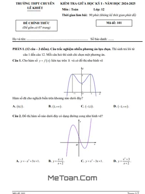 Đề giữa kỳ 1 Toán 12 năm 2024 - 2025 trường chuyên Lê Khiết - Quảng Ngãi