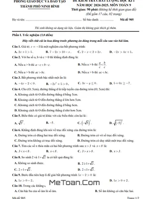 Đề học kì 1 Toán 9 năm 2024 - 2025 phòng GD&ĐT thành phố Ninh Bình