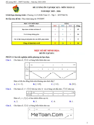 Đề Cương Ôn Tập Học Kì 1 Toán 12 Năm 2025 – 2026 THPT Việt Đức, Hà Nội