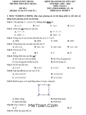 Đề Thi Giữa Học Kì 1 Toán 6 THCS Bát Tràng Năm 2025 - 2026 (Có Đáp Án Chi Tiết)