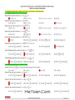 Trắc nghiệm Hàm số lượng giác và Phương trình lượng giác có đáp án - Trần Quốc Dũng