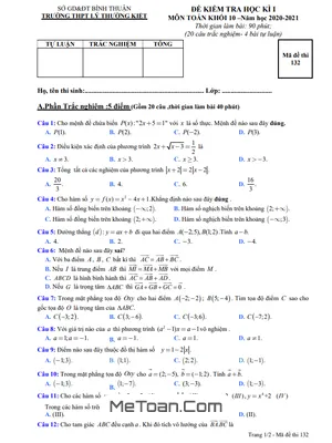 Đề thi HK1 Toán 10 năm 2020 - 2021 trường THPT Lý Thường Kiệt - Bình Thuận