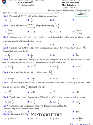 Đề cuối học kỳ 1 Toán 12 năm 2023 – 2024 trường Việt Anh 2 – Bình Dương