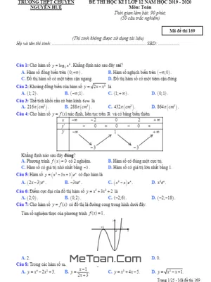 Đề thi HK1 Toán 12 năm 2019 – 2020 trường THPT chuyên Nguyễn Huệ – Hà Nội