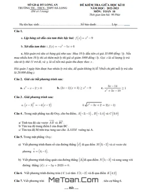 Đề thi giữa kì 2 Toán 10 năm 2022 – 2023 trường Hà Long – Long An [Có đáp án]